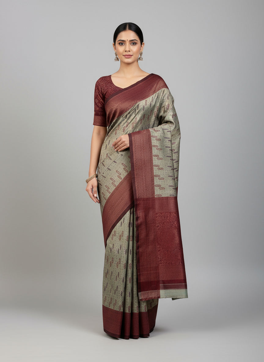 Color swatch card with various shades of brown and beige on a textured white background