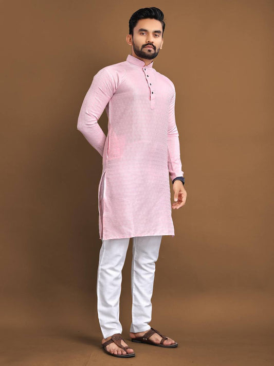 Pastel Pink Men's kurta Weaving style jaquard fabric with pure Cotton Pajama