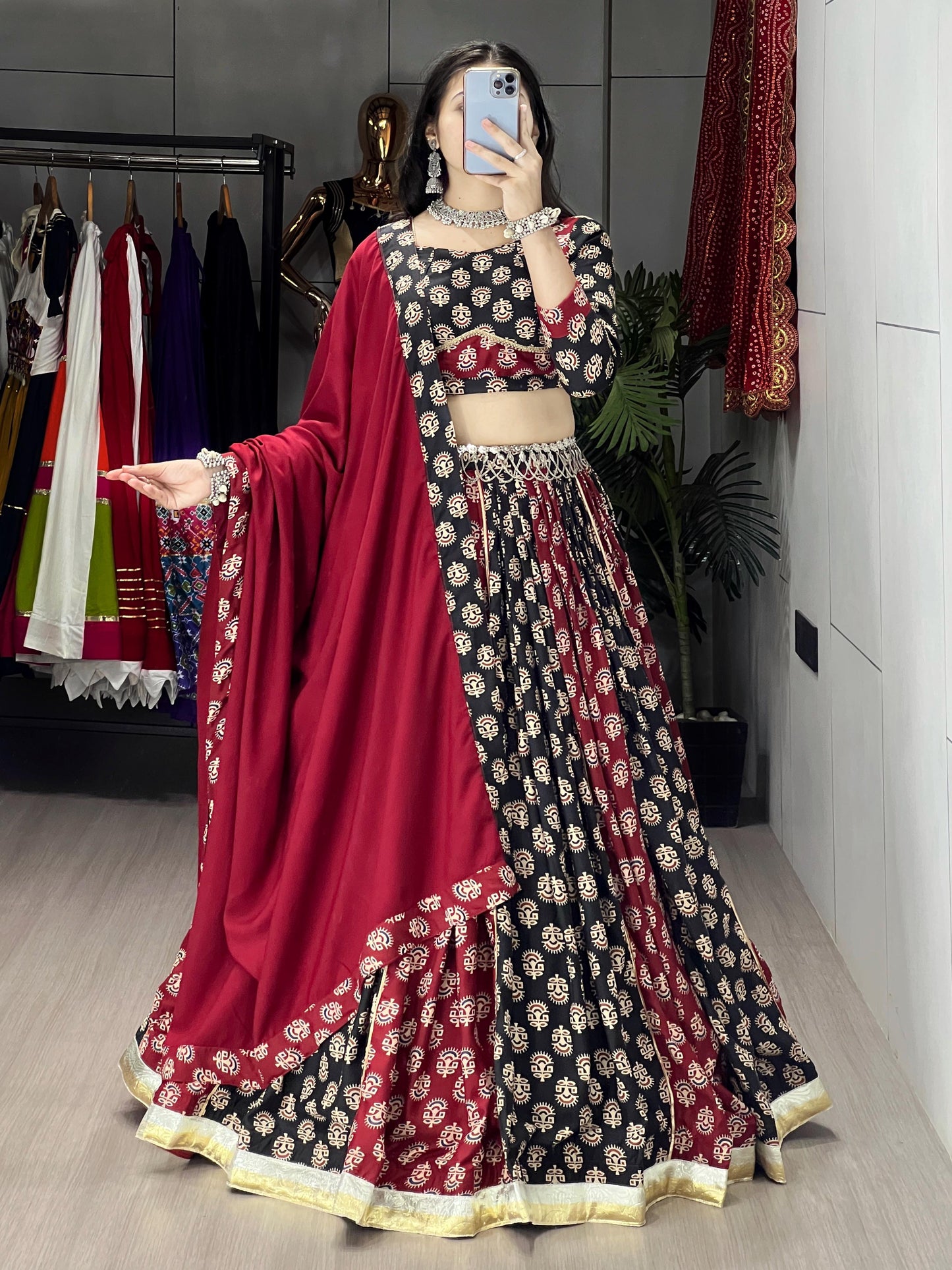 Navratri Special Pure Cotton Ajarakh Print Chaniya Choli Fully Stitched