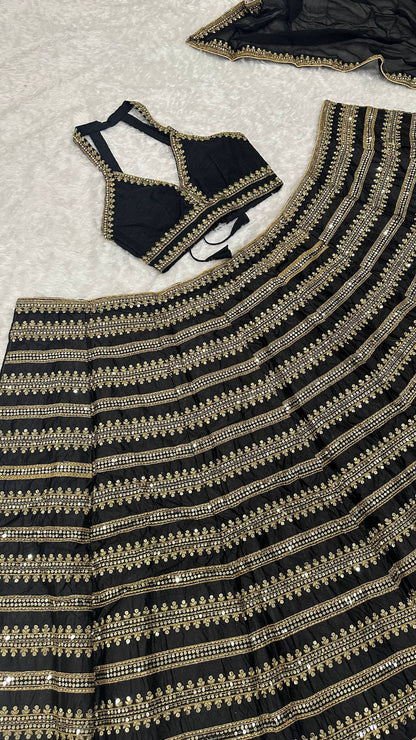 Premium Black and Gold Silk Lehenga Fully Stitched