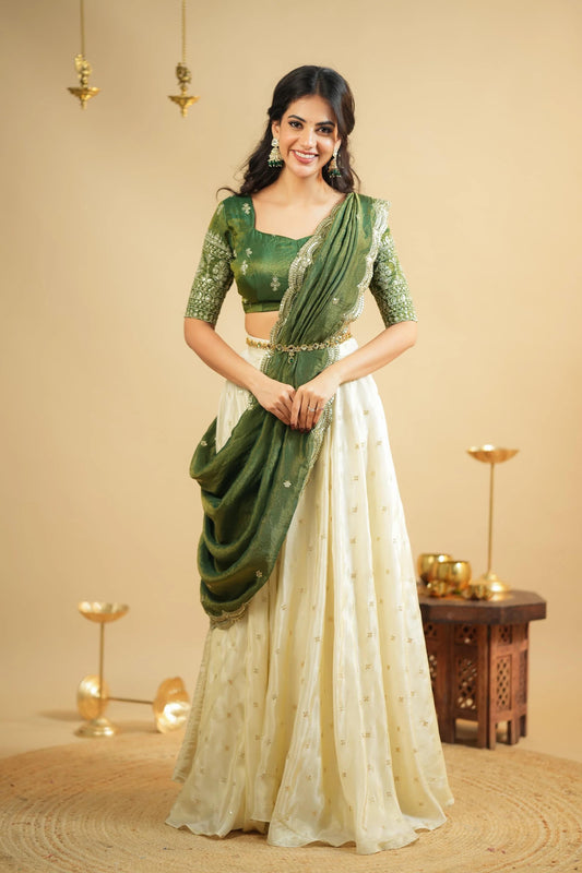 Saumya - Premium Green and White Silk Lehenga Fully Stitched