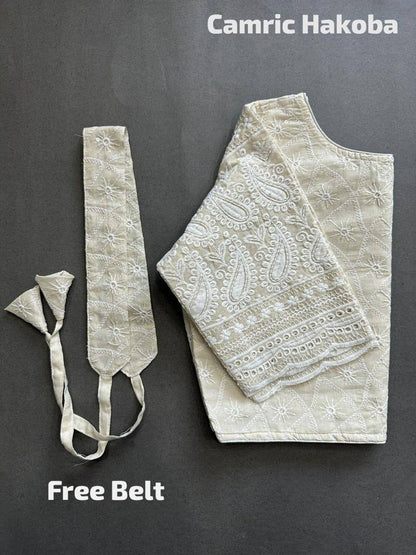 Off white pure cotton camric hakoba readymade blouse