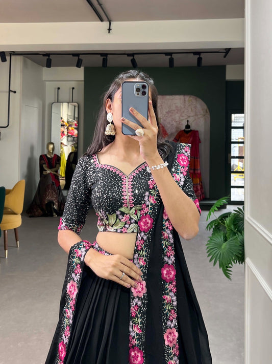 Jet Black Pure Georgette Soft Lehenga with Floral Dupatta and Blouse