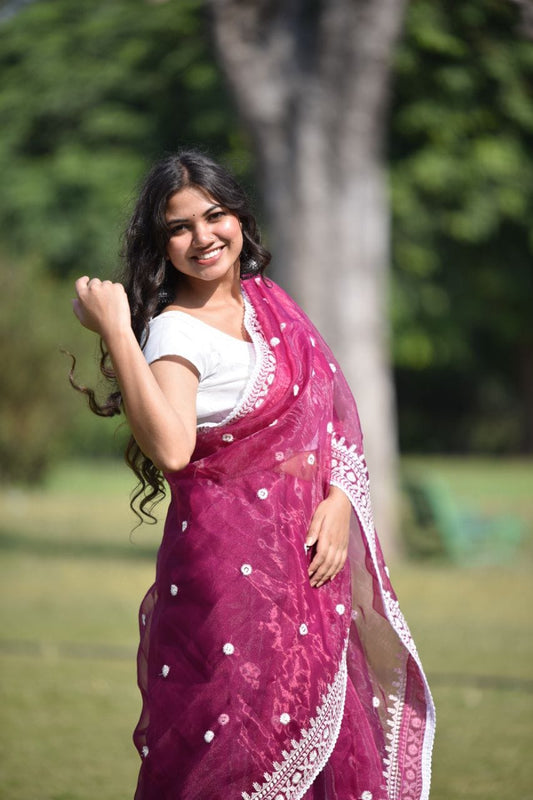 Organza wine saree with stitched blouse