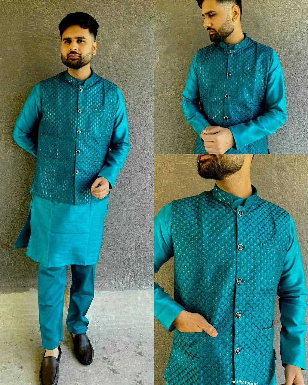 Premium morpinch colour silk fabric men's koti kurta with pajama