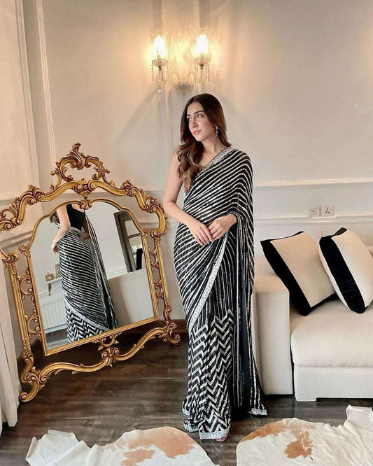 Black and silver shimmering georgette sequins saree with fully stitched blouse