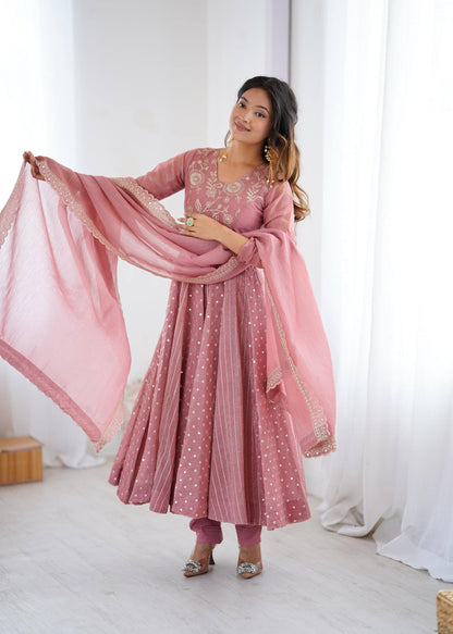 Vedika - Premium Soft Silk Anarkali Gown with Embroidery Sequins Work Fully Stitched