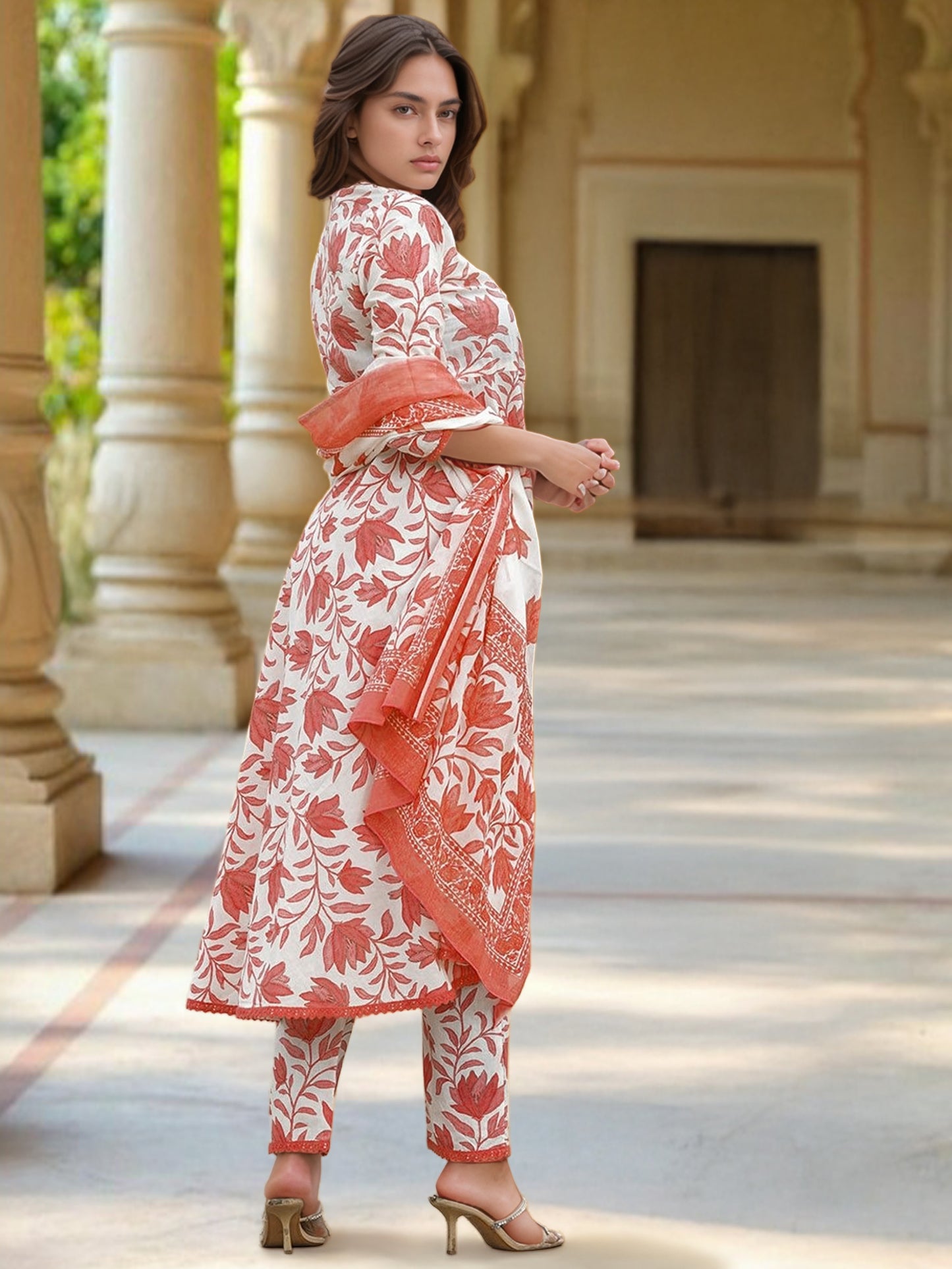 Orange & White Soft Cotton Floral Printed Kurti Set for all occasions