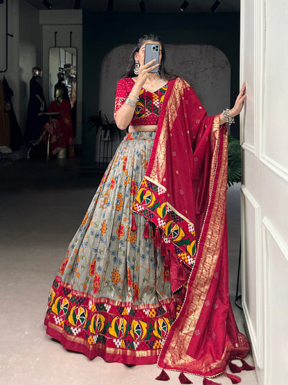 Floral Printed Beautiful Tasar Soft Silk Chaniya Cholis for Navratri
