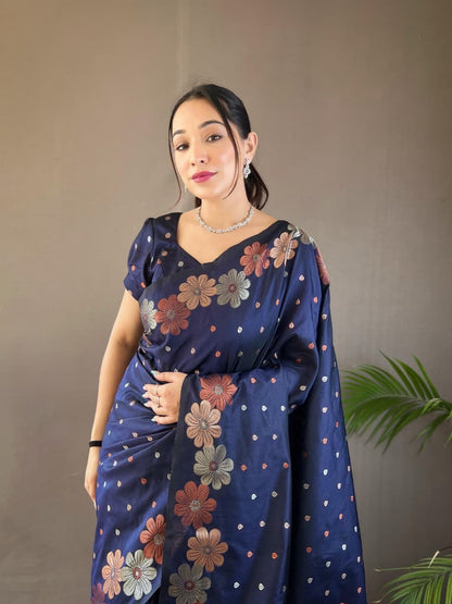 Palki - Soft Silk Copper and Gold Zari Weaving Flower Weaved Saree with Stitched Blouse Options