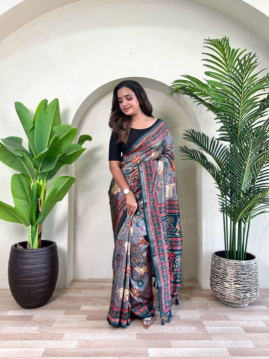 Ramya - Beautiful Dola Silk Printed Saree with Stitched Blouse Options