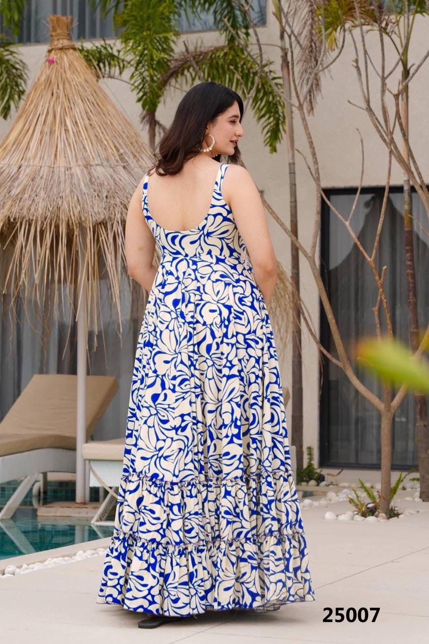 Blue Floral Soft Rayon Fabric Comfy Casual Gown Fully Stitched