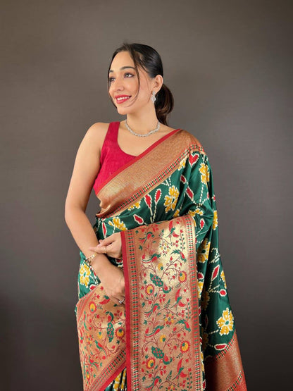 Premium Soft Silk With Rich Patola Weaving and Contast Pallu with Stitched Blouse