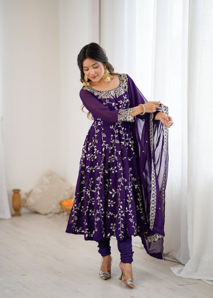 Preeva - Purple Soft Georgette with Full Embroidery Gown Fully Stitched