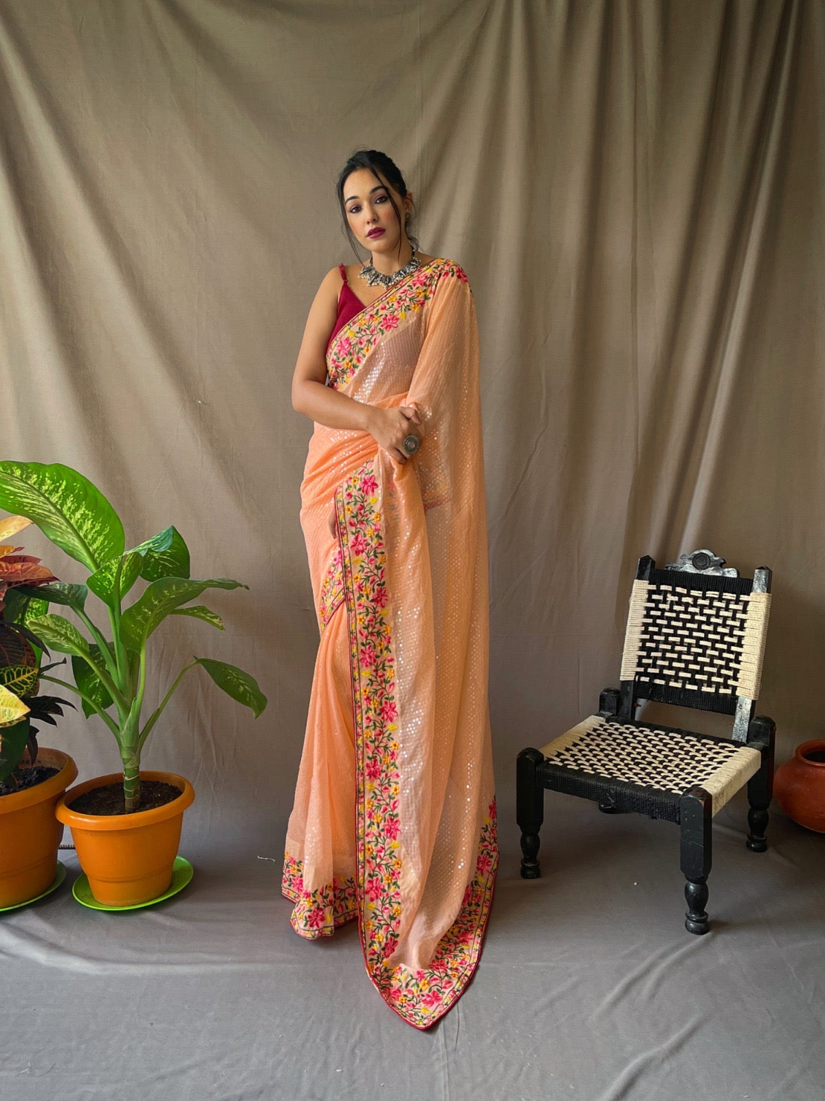 Pure georgette saree with sequence work all over saree with stitched blouse