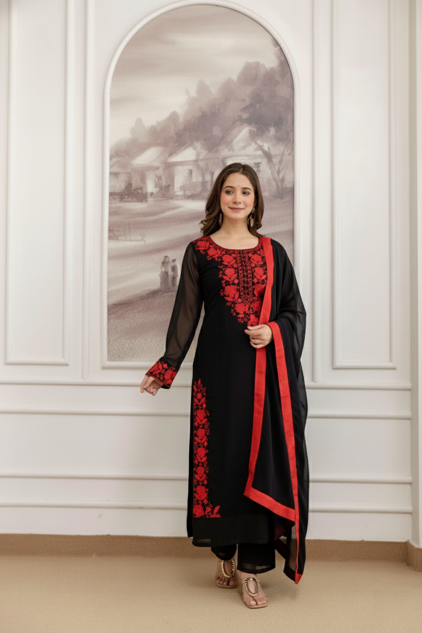 Black and Red Georgette Kurti Set with Embroidery Work
