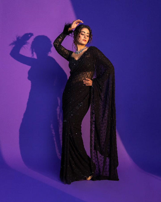 Adaa - Beautiful Lightweight Soft Net Designer Saree with Stitched Blouse