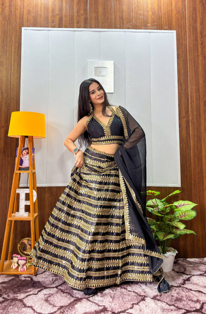 Premium Black and Gold Silk Lehenga Fully Stitched