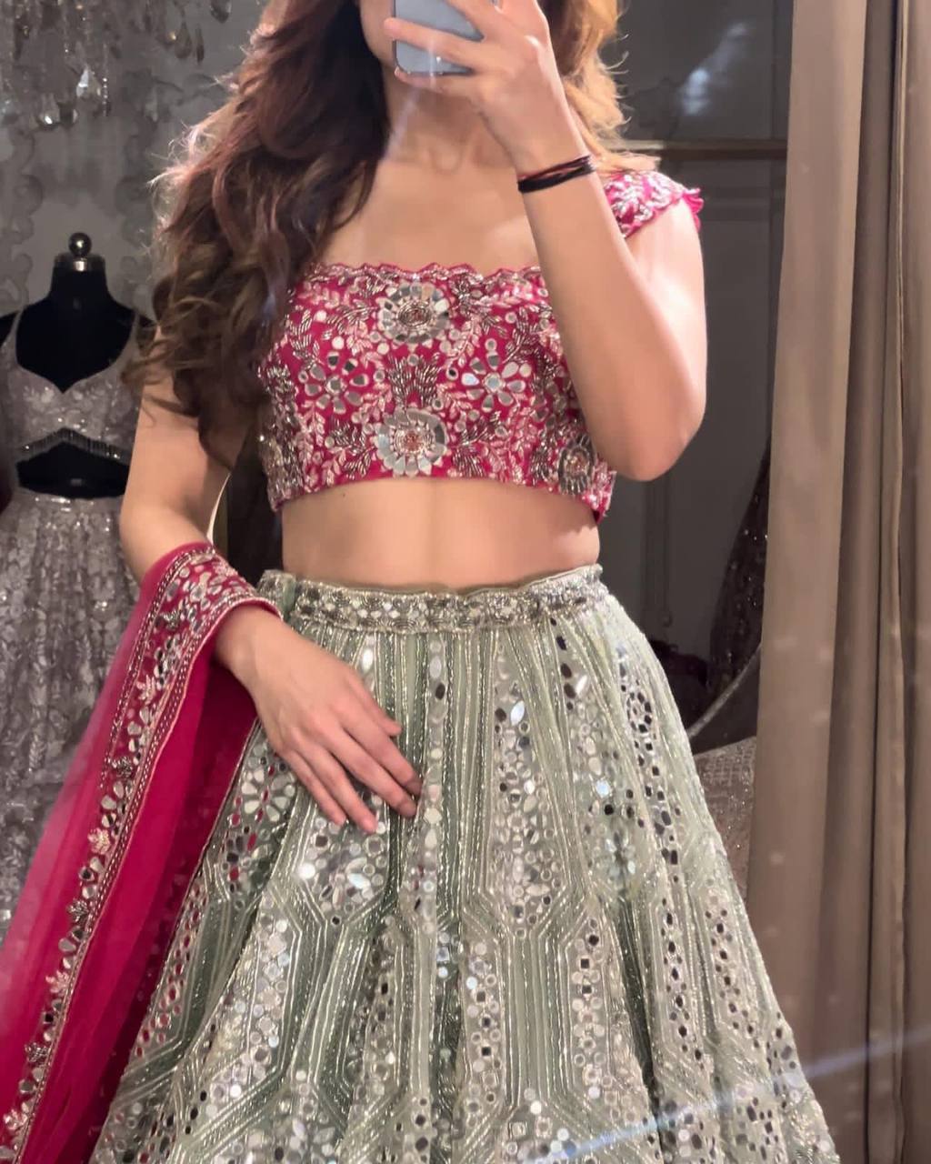 Grey Pink Shimmering Lehenga Fully Stitched as per your requirements