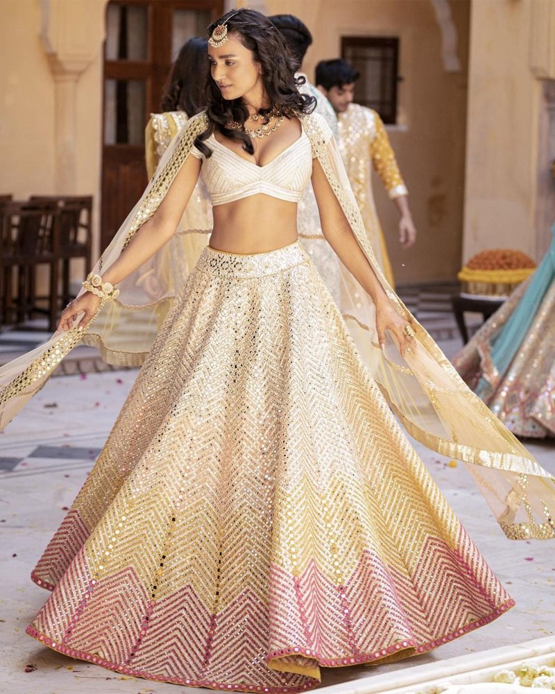 Pastel Off White Paper Mirror Work Fully Stitched Lehenga Choli