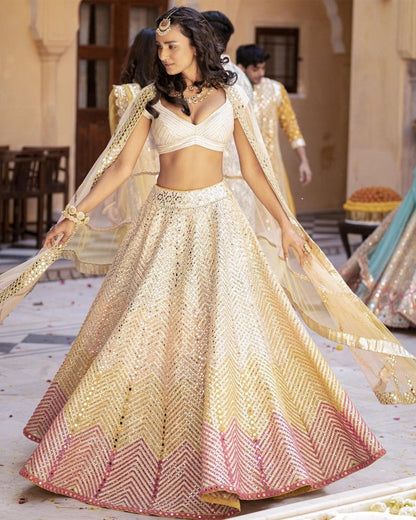 Pastel Off White Paper Mirror Work Fully Stitched Lehenga Choli