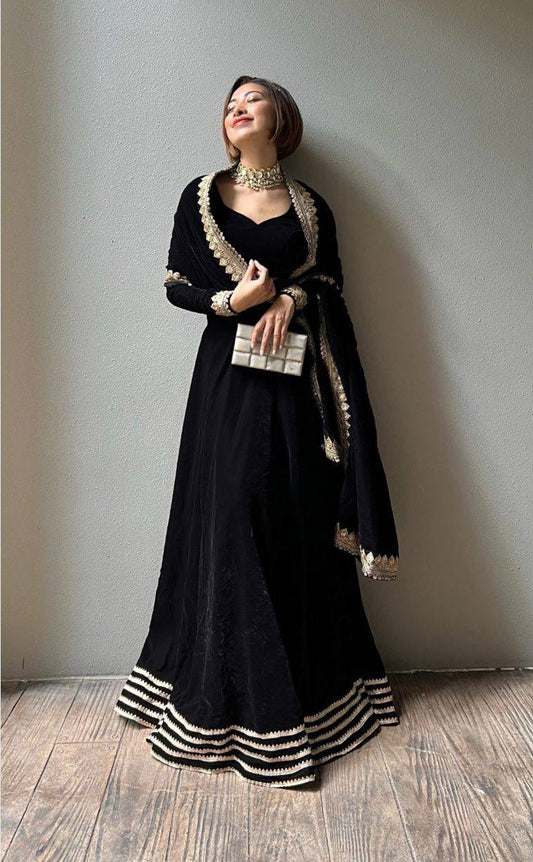 Jet Black Velvet Premium fully stitched lehenga