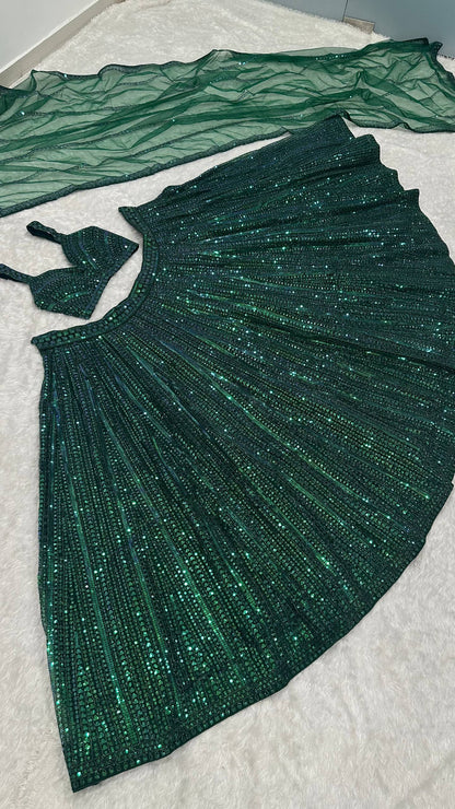 Premium Emerald Green Net Lehenga with Fully Sequins Work Fully Stitched