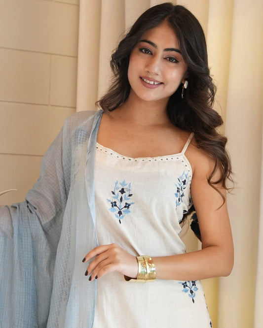 Premium White and Greyish Blue Cotton Sleeveless Kurti Set Fully Stitched