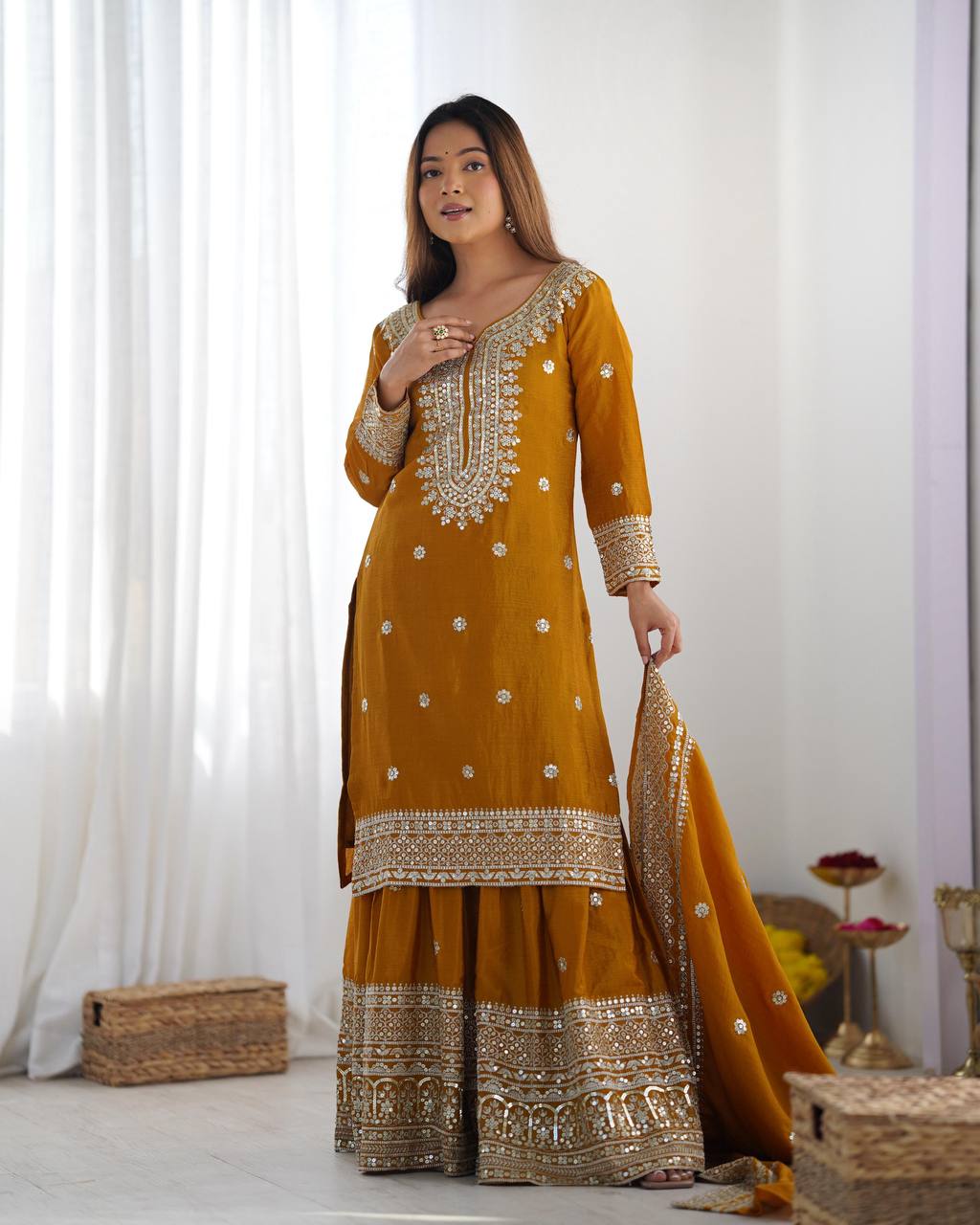 Mustard Yellow Punjabi Sharara set fully stitched