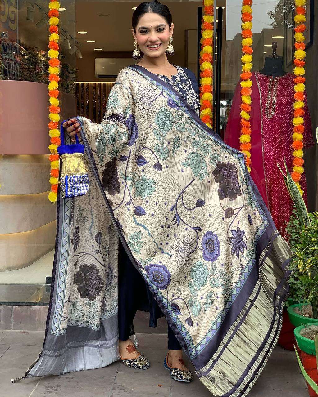 Navy Blue Viscos Silk Beautiful Embroidered Kurti Set for all occasions