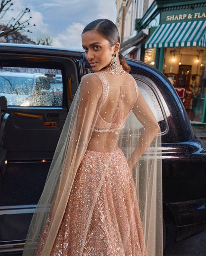 Premium Peach Net Lehenga with Sequins and Dori Work Fully Stitched