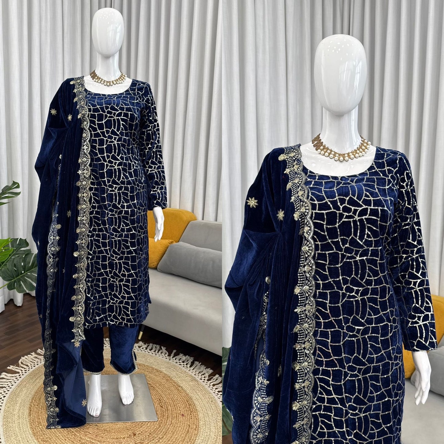Navy Blue Velvet With Sequins Embroidered Fully Stitched Suit