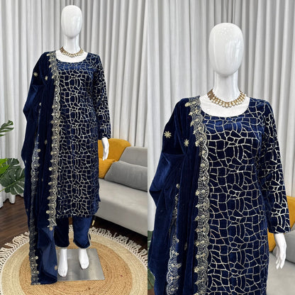 Navy Blue Velvet With Sequins Embroidered Fully Stitched Suit
