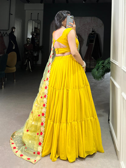 Haldi Special Mustard Yellow Soft Georgette Lehenga with Floral Dupatta