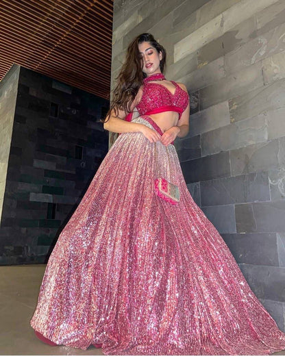 Dual Tone Pink and Grey Fully Sequins Work Lehenga Fully Stitched