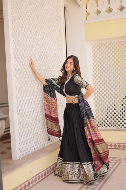 Fully stitched Black Premium Viscose Lehenga with Gaji silk Dupatta