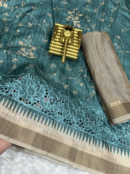 Evika - Premium Tussar Cotton Saree with Cut Work & Stitched Blouse