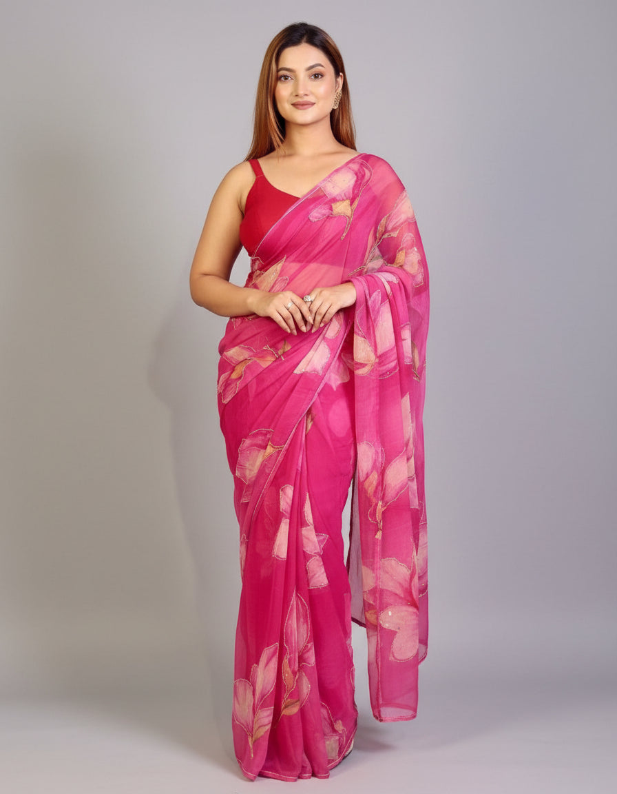Woman wearing a pink saree with a floral pattern indoors.