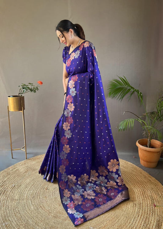 Palki - Soft Silk Copper and Gold Zari Weaving Flower Weaved Saree with Stitched Blouse Options