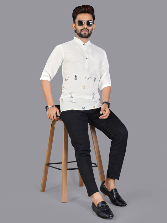 Off White Men's Premium Linen Print Short Kurta for Casual or Festive Look