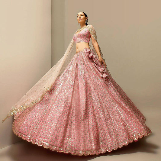 Peach satin silk fully stitched sequenced lehenga