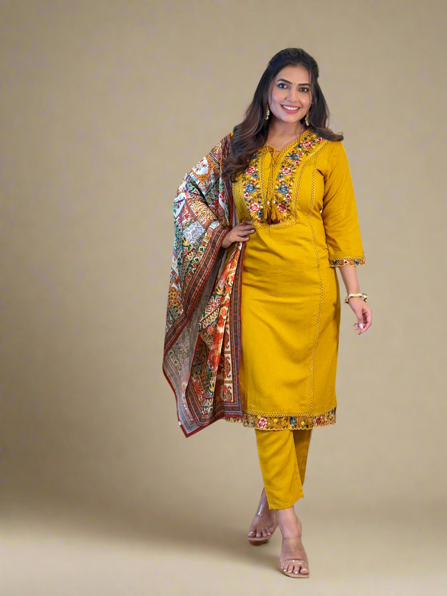 Adaa by Kiara - Beautiful Mustard Silk Kurti Readymade Set