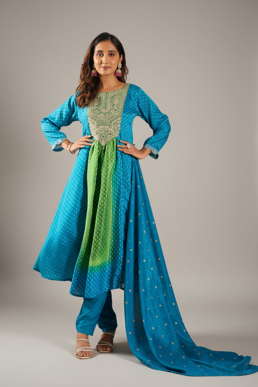 Premium Pista & Sea Blue Chinon Silk Kurti Set with Beautiful Embroidery