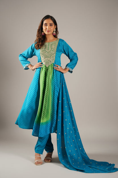 Premium Pista & Sea Blue Chinon Silk Kurti Set with Beautiful Embroidery