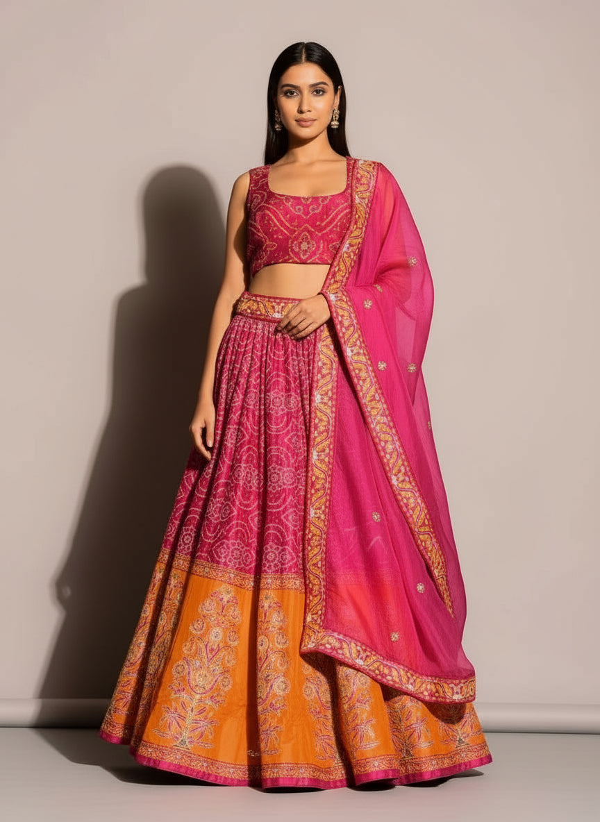 Woman wearing a pink and orange traditional outfit with a plain background