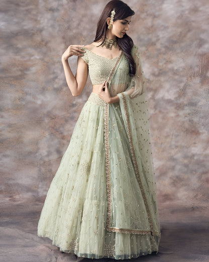 Premium Pastel Pistachio Net Fabric Readymade Lehenga