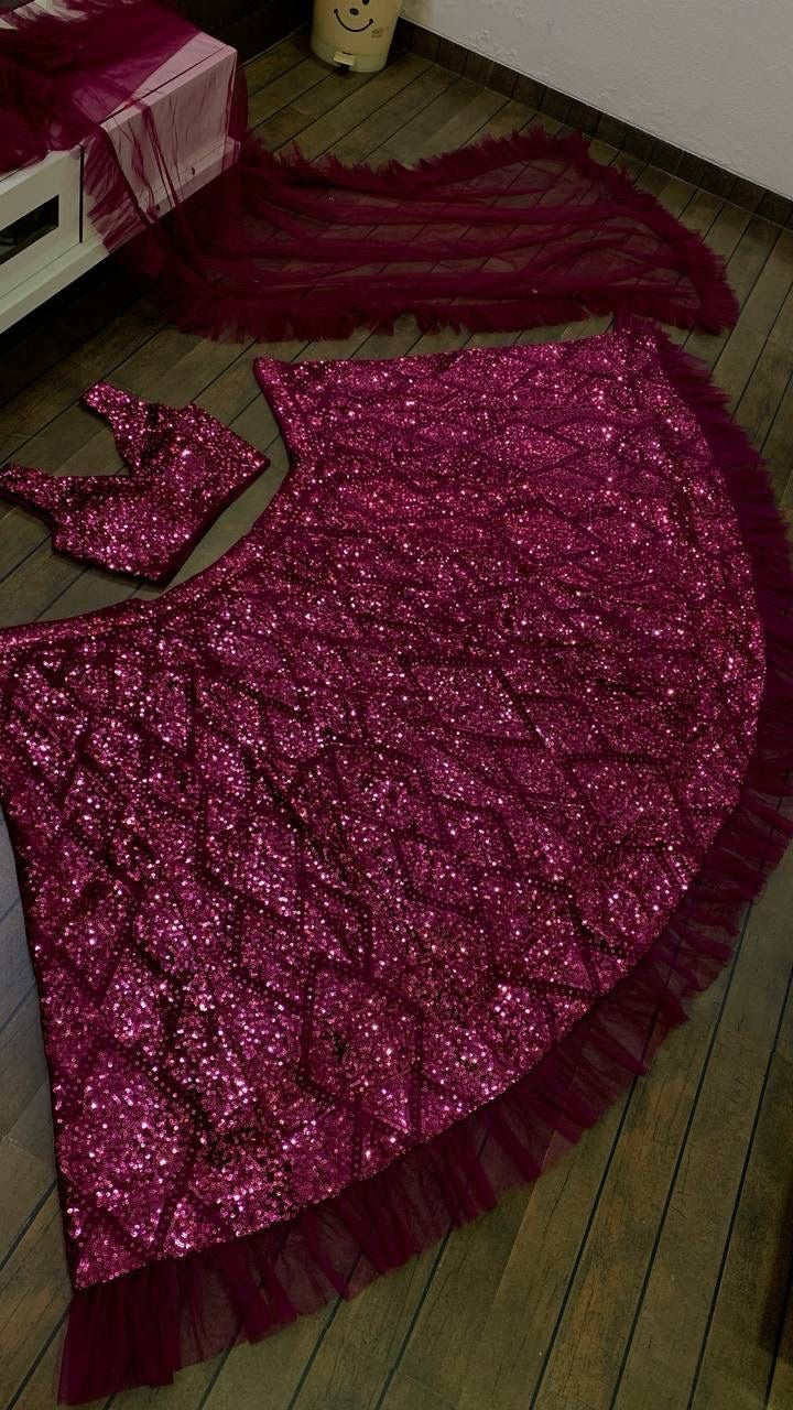 Premium Magenta Full Sequins Work Velvet Lehenga Fully Stitched