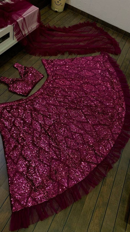 Premium Magenta Full Sequins Work Velvet Lehenga Fully Stitched