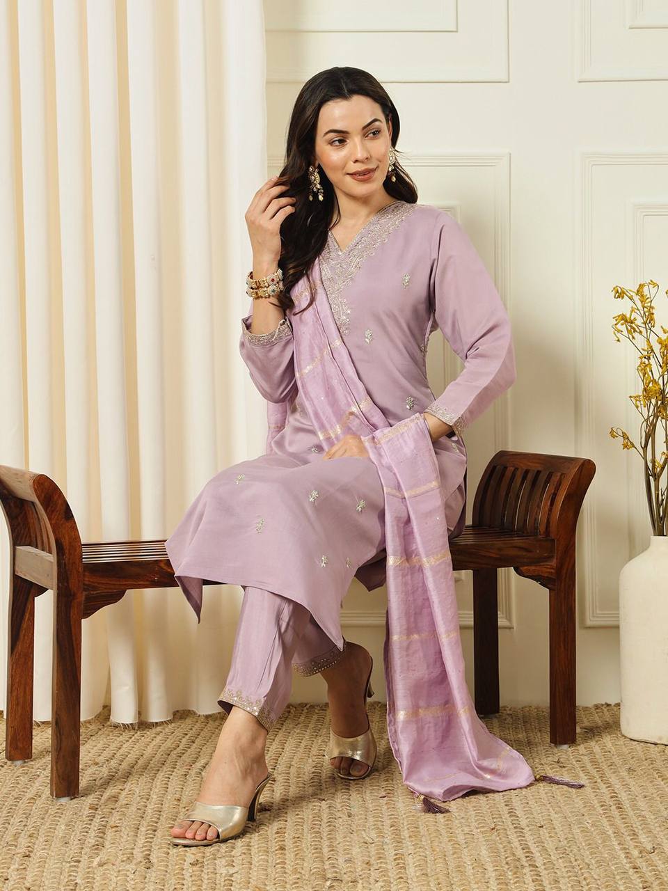 Readymads Soft Silk lilac suit with pant and dupatta