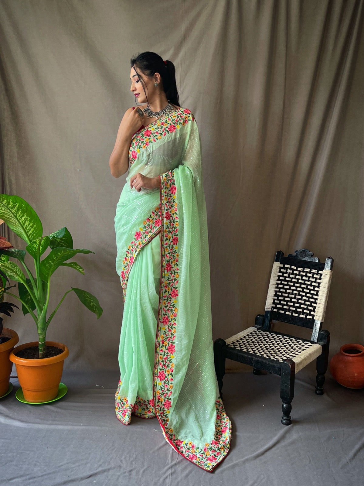 Pure georgette saree with sequence work all over saree with stitched blouse